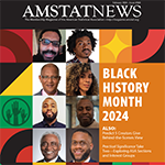 Cover of the February 2024 issue of Amstat News is a series of colorful red, yellow, green, and orange boxes with the faces of eight Black statisticians in the center.