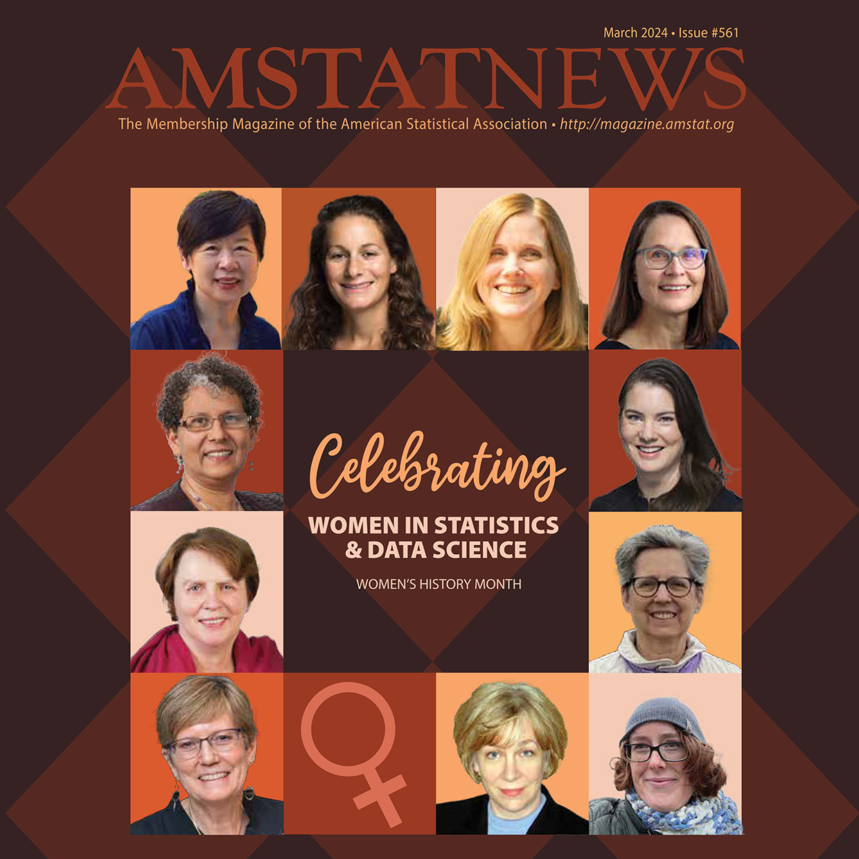 Cover of the March 2024 issue of Amstat News is a series of orange boxes with the faces of 11 female statisticians in the center.