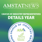 Cover of the April 2024 issue of Amstat News is a blue-green gradient with the Caucus of Industry Representatives logo.