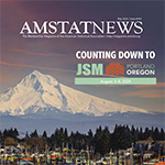 Cover of Amstat News' May issue has a photo of Mount Hood and houseboats with a headline reading "counting down to JSM, Portland Oregon" 