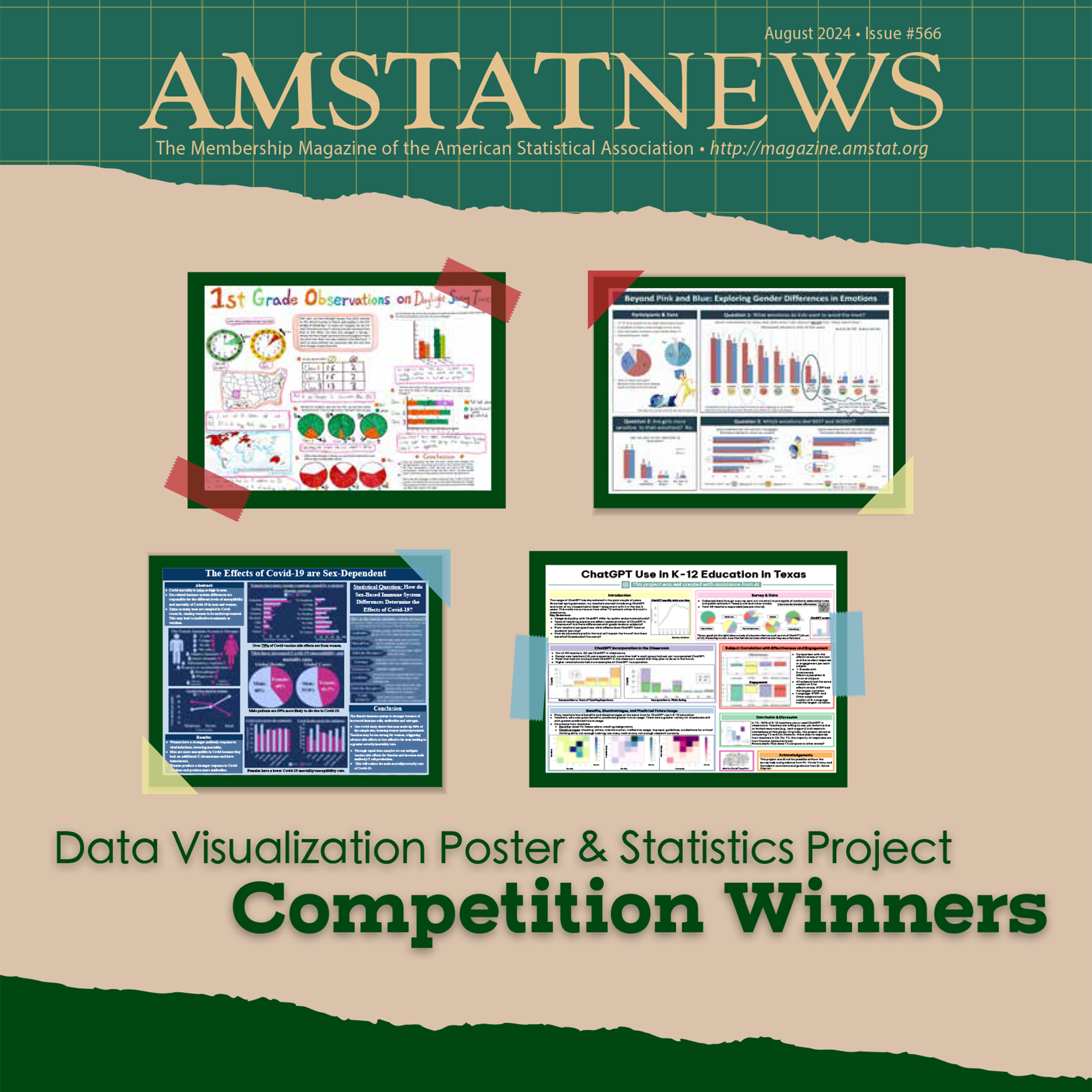 Cover of Amstat News August issue features the top 4 winning posters of the data viz comp winners 2024