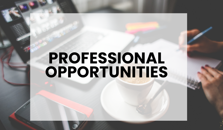 Computer with coffee cup in the background of text reading professional opportunities