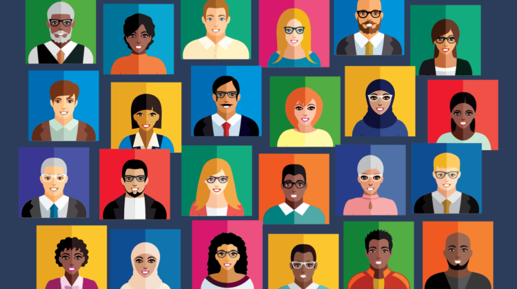 Illustration of people of varying backgrounds, some black, some white, some Asian, some wearing headscarves