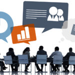 Illustration of people around a table with speech bubbles