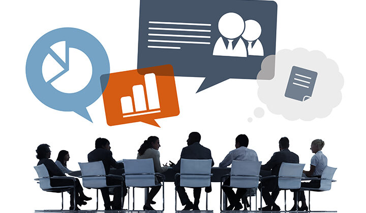 Illustration of people around a table with speech bubbles