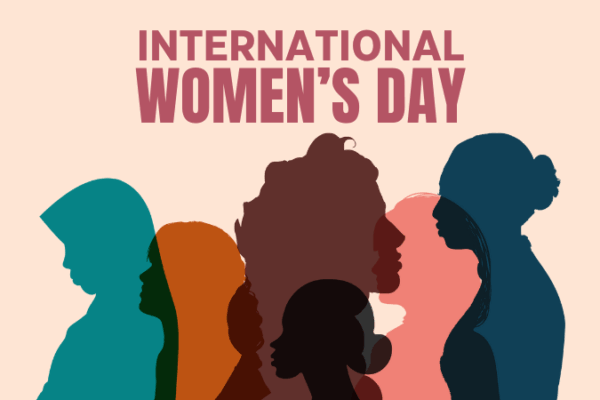 Silhouette of women in front of the words that say International Women's Day