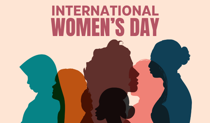 Silhouette of women in front of the words that say International Women's Day