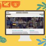 Latino symbols in bright colors around a computer showing the homepage of the Latino Data Hub