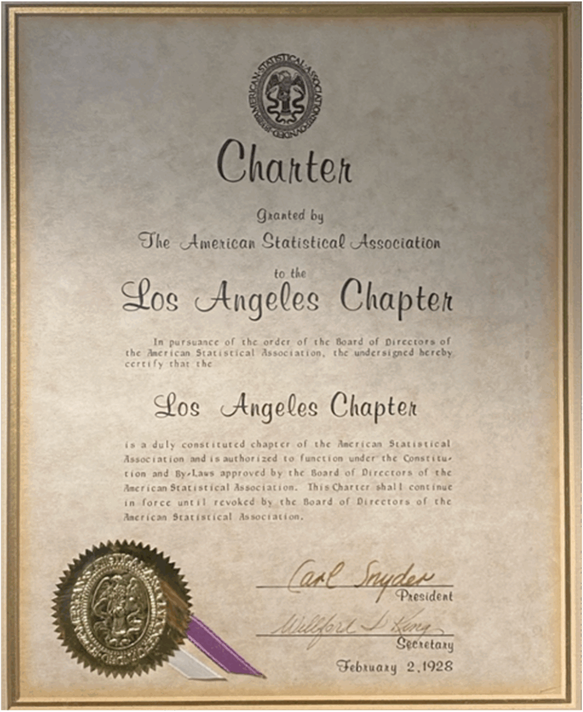 A copy of the certificate of the LA Chapter's charter with a seal and signatures