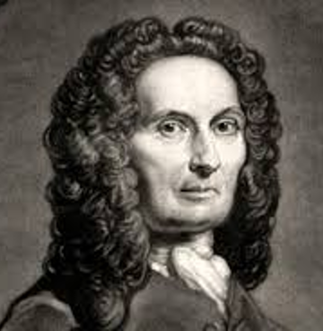 A black and white drawing of a man in a full dark wig, cravat, and jacket.