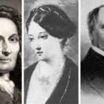 Three black and white images - one of a man in a dark wig, one of a woman with dark hair, one of a man with wispy hair in a tie and jacket