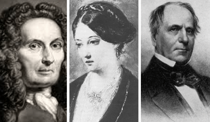 Three black and white images - one of a man in a dark wig, one of a woman with dark hair, one of a man with wispy hair in a tie and jacket