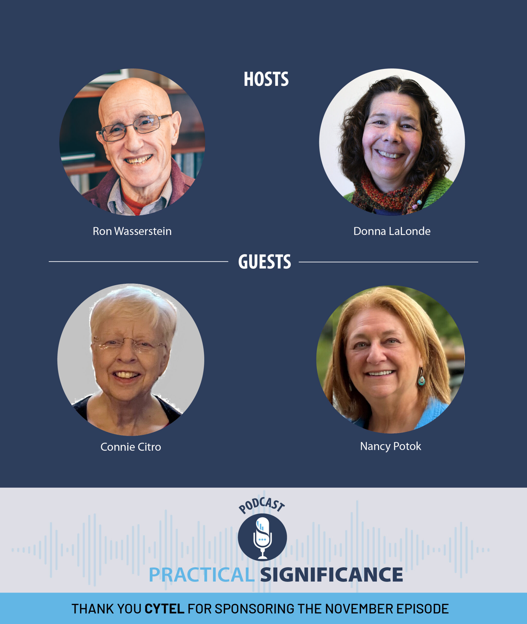 Headshots of Ron Wasserstein, Donna LaLonde, Conie Citro, Nancy Potok, over the words "Podcast: PRactical Significance; Thank you Cytel for sponsoring the November episode." 