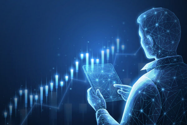 A stylized graphic of a person analyzing a graph.