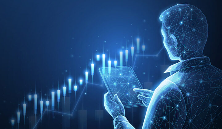 A stylized graphic of a person analyzing a graph.