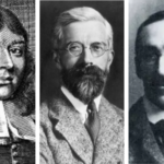 Black and white images of three men, one from the 1700s, one from the mid-20th century, and one from the early 20th century