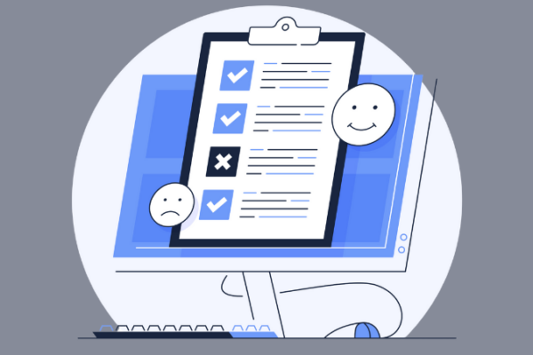 Computer with a clipboard with check marks and a smiley face and a frowny face