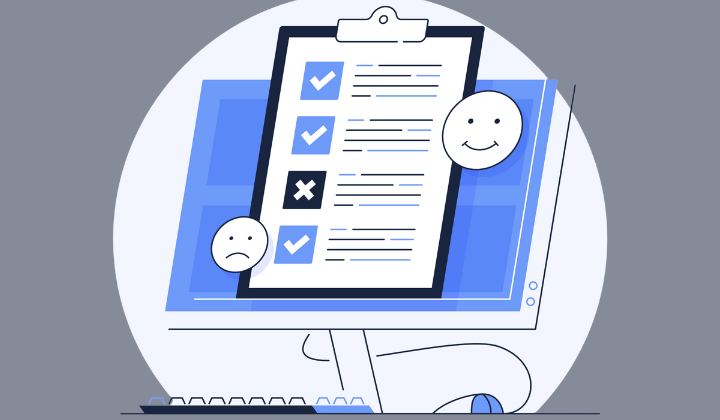 Computer with a clipboard with check marks and a smiley face and a frowny face