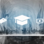 Educational symbols over a cityscape and a man's shirt