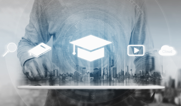 Educational symbols over a cityscape and a man's shirt