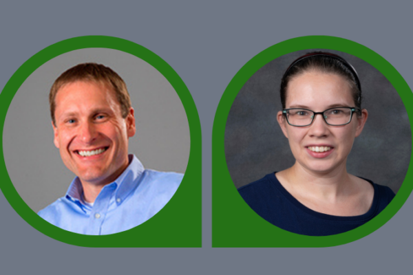 Headshots of a man and a woman in circles.