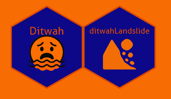 hex stickers with a drowning emoji face and landslide