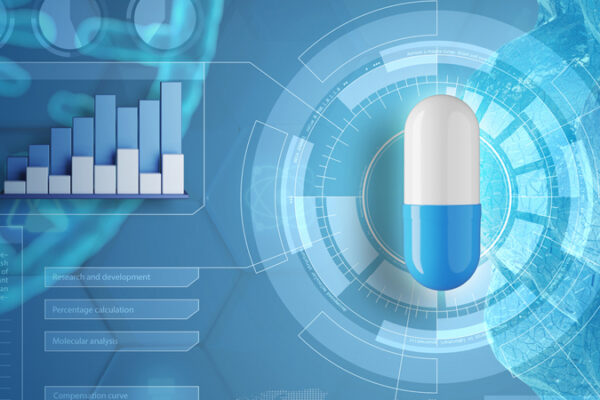 A graphic including a pill and a bar graph.
