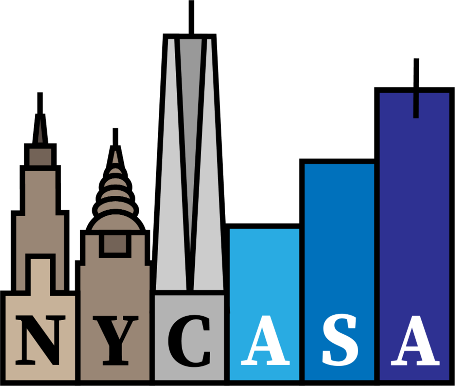 The NYC Chapter logo... "NYC ASA" is spelled out on a graphic of three gray skyscrapers and a bar chart with three blue bars.