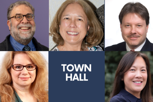 Photo of Nicholas Horton (glasses, big smile,) Jeri Mulrow, shoulder length hair big smile. Jim Cochran, mustach, slight smile, Martha Gardner, glasses, long thick hair, Natalie Rotelli, long dark hair, big smile