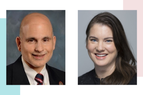 A bald white man and a white woman with long dark hair.