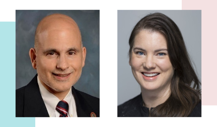 A bald white man and a white woman with long dark hair.