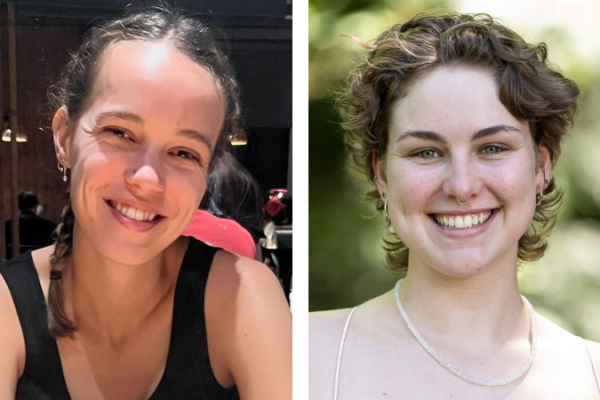 Two white women with brown hair smiling