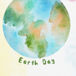 Watercolor image of the earth reading "earth day."