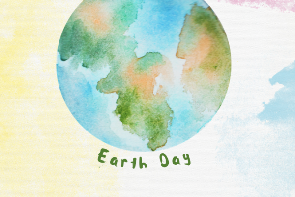 Watercolor image of the earth reading "earth day."
