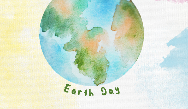 Watercolor image of the earth reading "earth day."