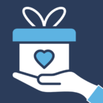 A hand holding a gift. The gift has a heart on it.