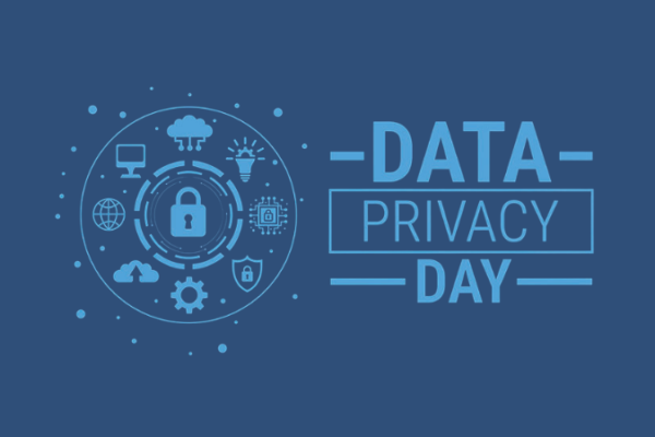Data Privacy Day art, a lock, a cloud, a storm, and a work icon