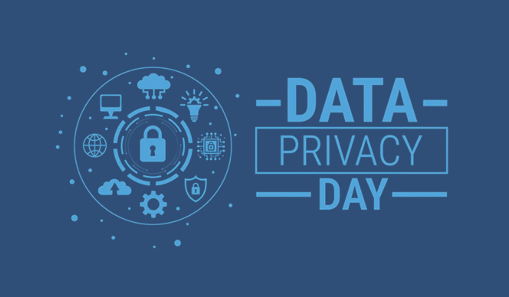 Data Privacy Day art, a lock, a cloud, a storm, and a work icon
