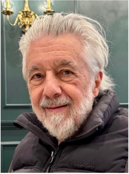 Beard, mustache, gray hair.