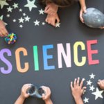 Kids hands around the word science