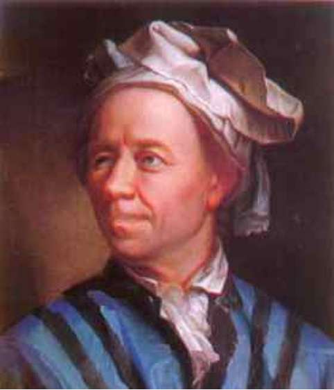A painting of Leonhard Euler in a blue striped shirt and a fabric head covering.