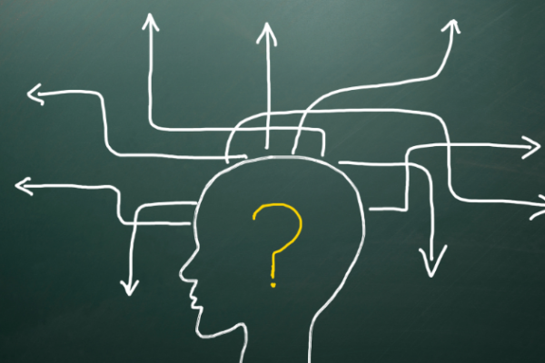 A graphic of a head with arrows going in different directions. There is a question mark inside the outline of the head.