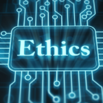 The word "ethics" and a graphical data/tech motif.