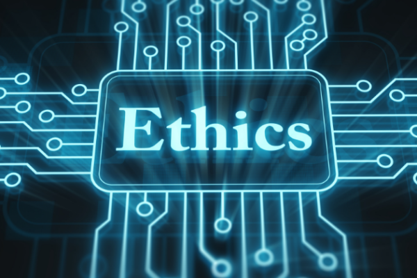 The word "ethics" and a graphical data/tech motif.