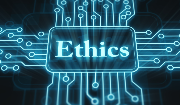 The word "ethics" and a graphical data/tech motif.