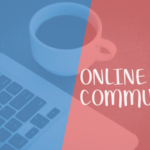 Laptop open next to the words "online community"