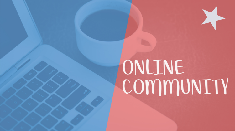 Laptop open next to the words "online community"