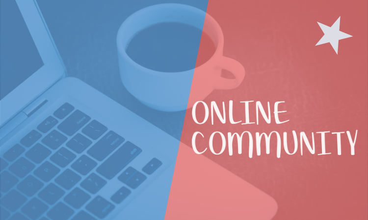 Laptop open next to the words "online community"