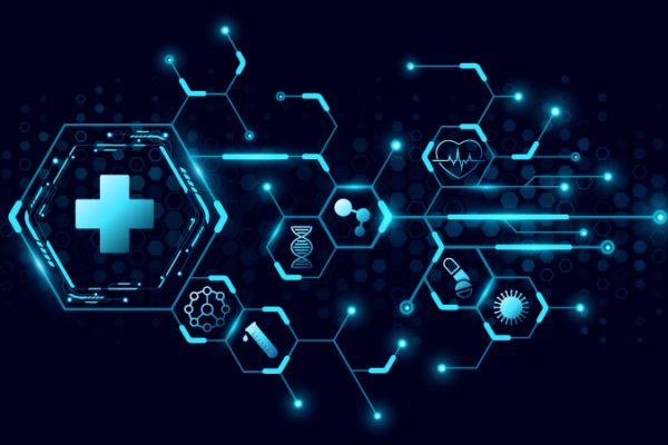 Hexagons and healthcare symbols on top of circuitry