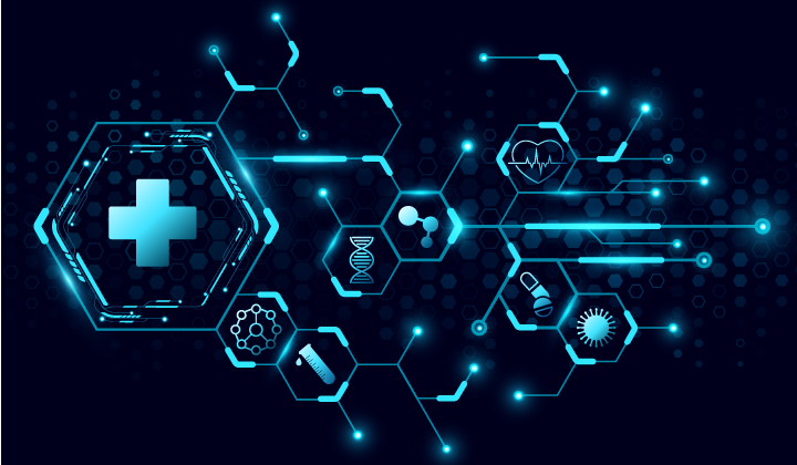Hexagons and healthcare symbols on top of circuitry